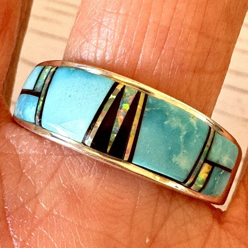 Navajo Inlay Turquoise Opal Wedding Band Sz 13 9mm Ring Men Signed AT B
